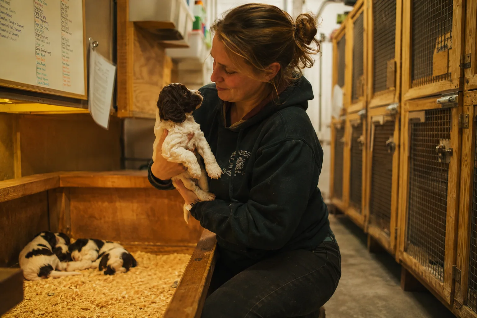 A breeder in a clean working kennel, holding a young puppy while littermates sleep on wood shavings nearby.