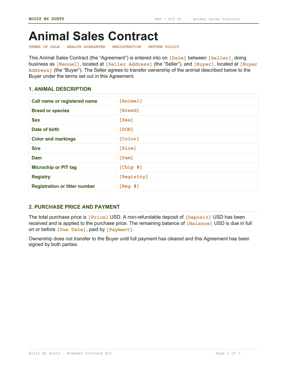 Sample page from Basic Puppy Sales Contract, a template by Built By Dusty.