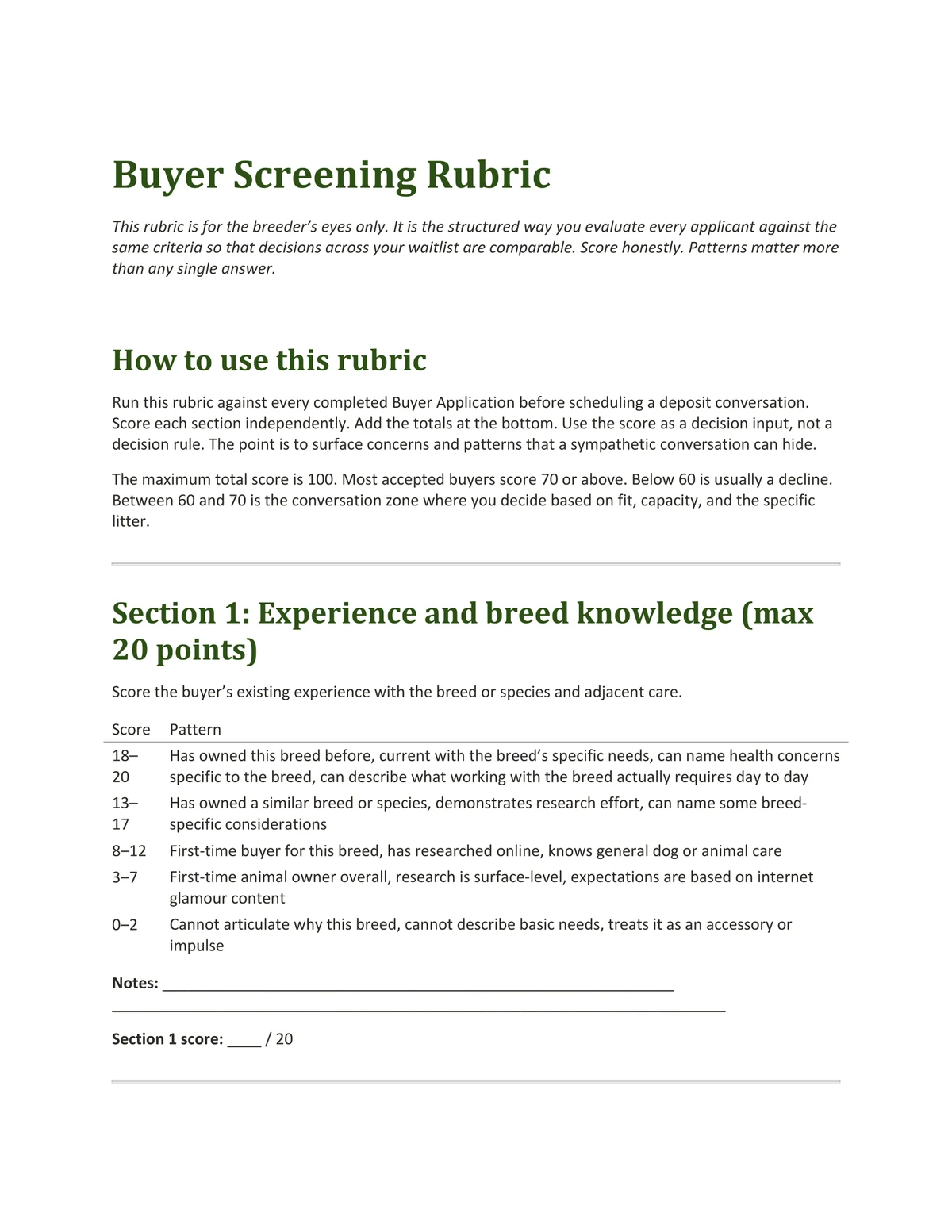 Sample page from Buyer Screening Rubric, a template by Built By Dusty.