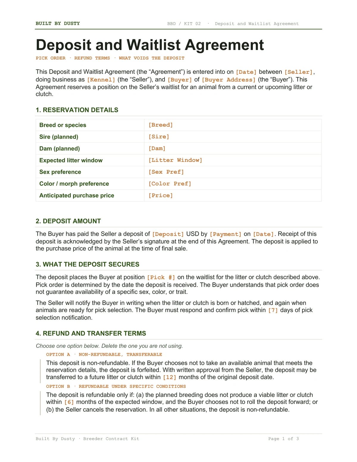 Sample page from the Deposit & Waitlist Agreement, a template by Built By Dusty.