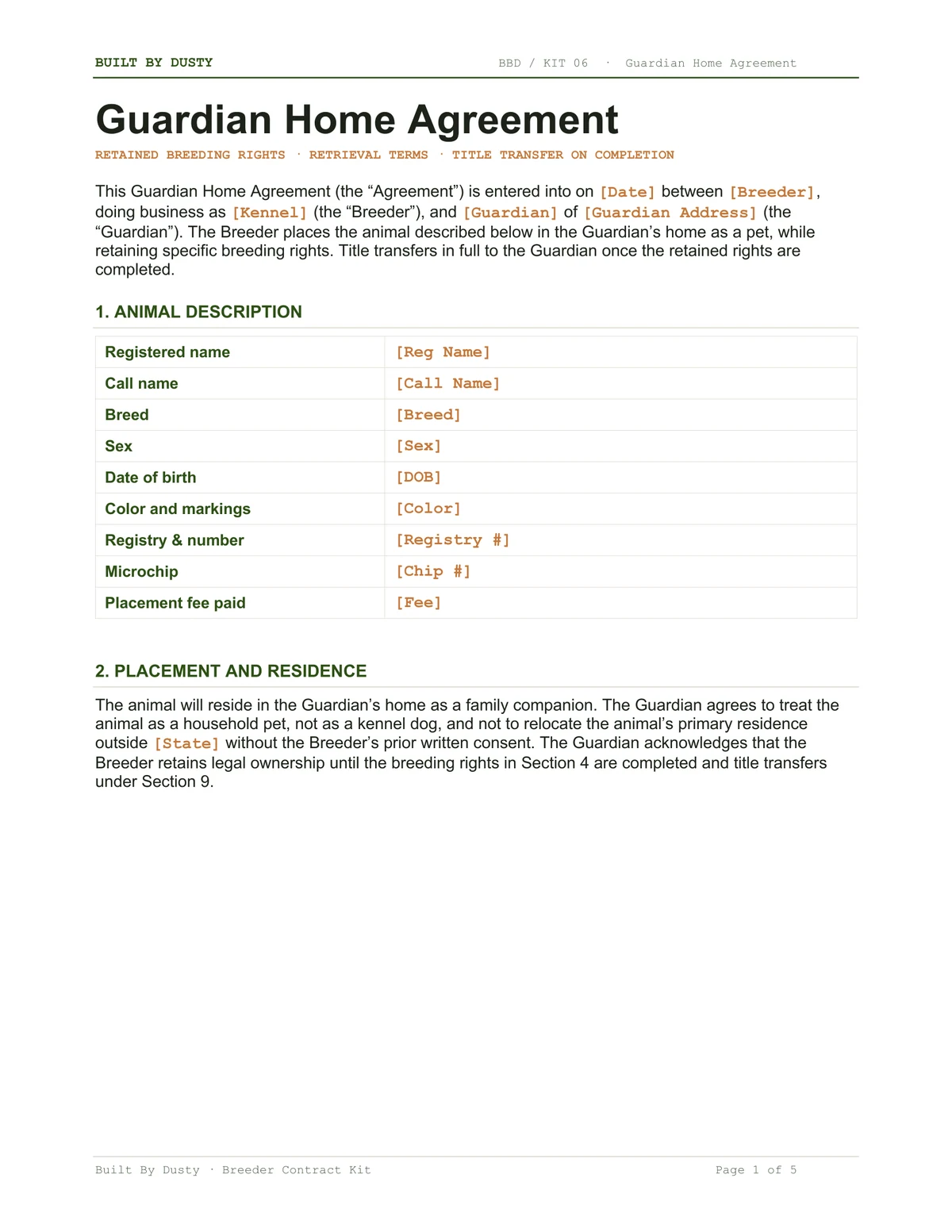 Sample page from Guardian Home Agreement, a template by Built By Dusty.
