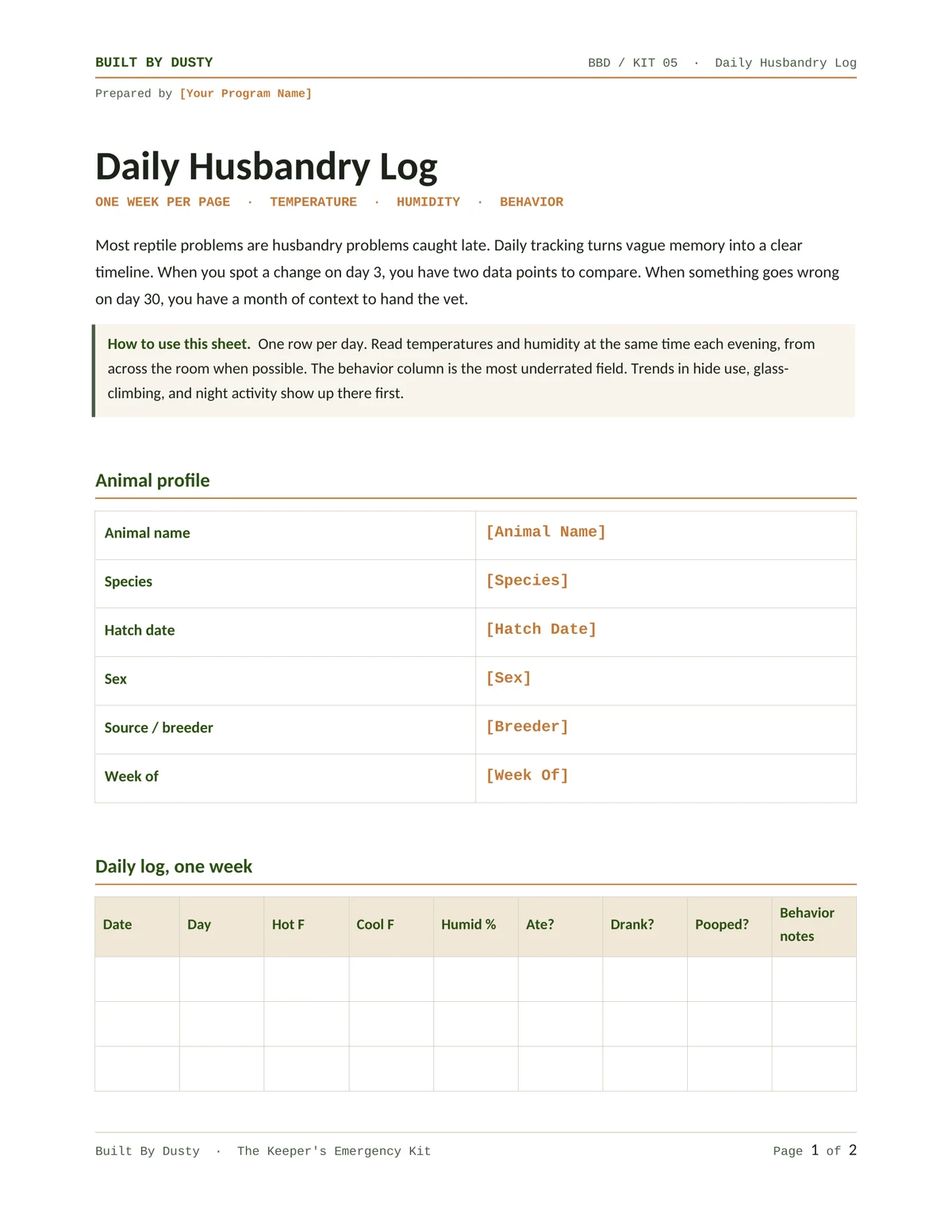 Sample page from Daily Husbandry Log, a template by Built By Dusty.