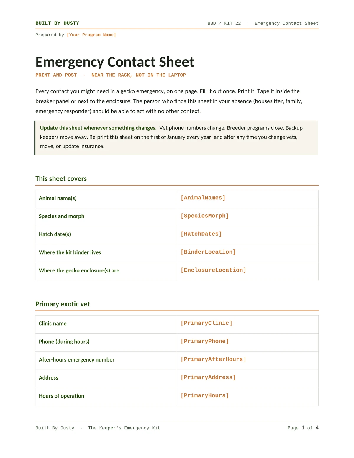 Sample page from Emergency Contact Sheet, a template by Built By Dusty.