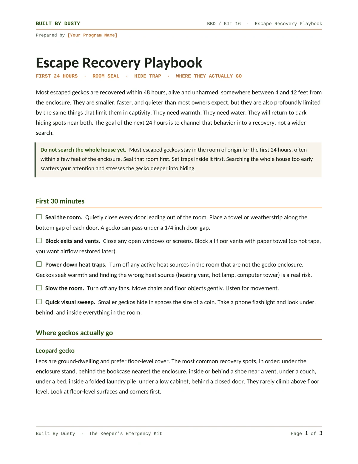 Sample page from Escape Recovery Playbook, a template by Built By Dusty.