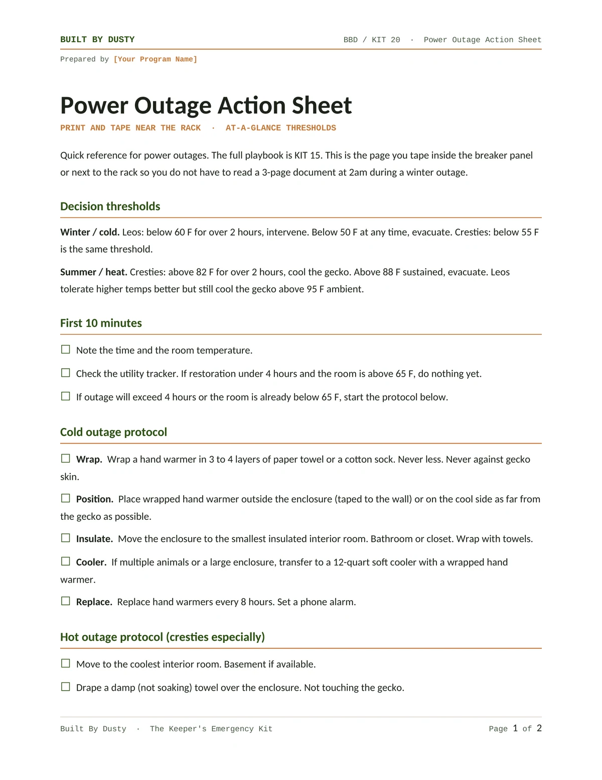 Sample page from Power Outage Action Sheet, a template by Built By Dusty.