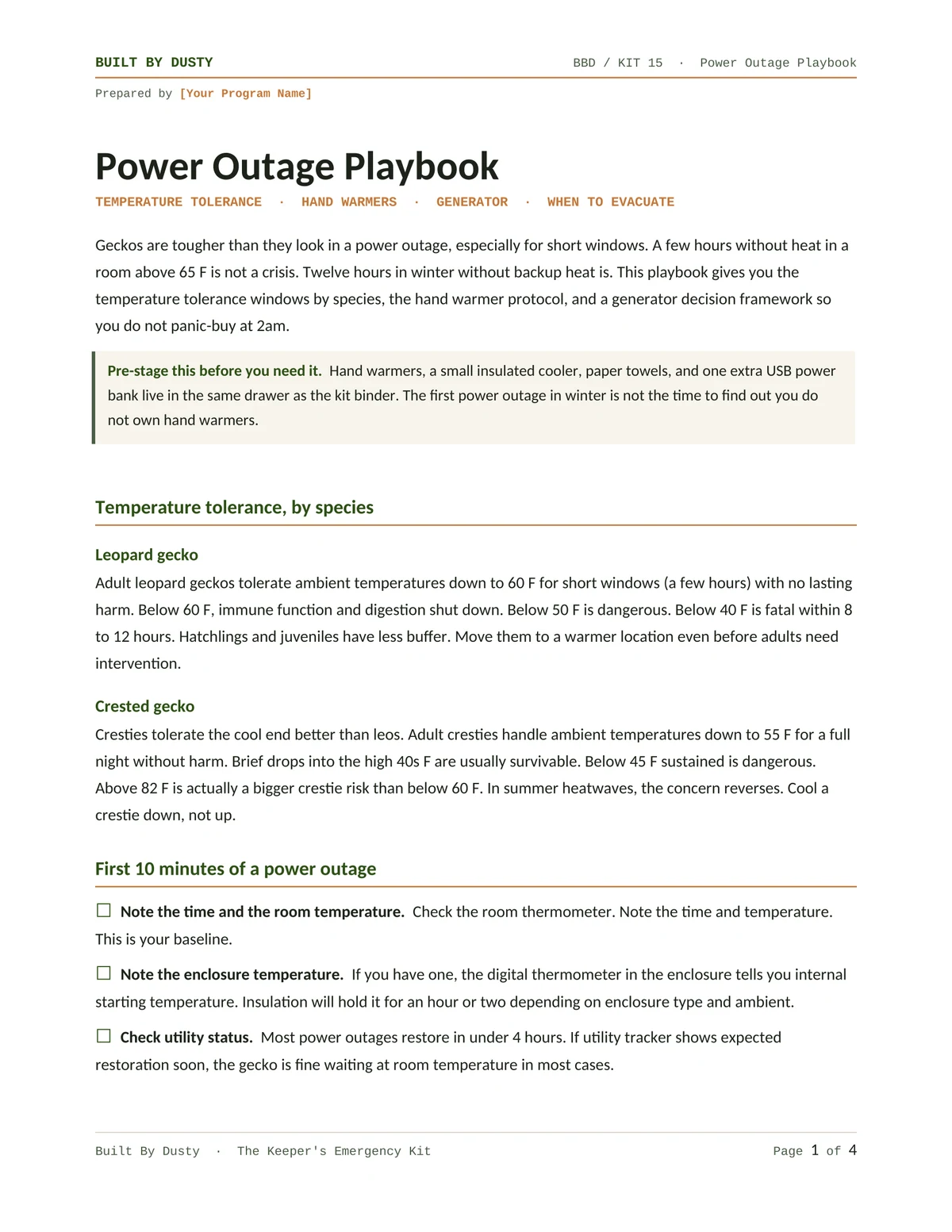 Sample page from Power Outage Playbook, a template by Built By Dusty.
