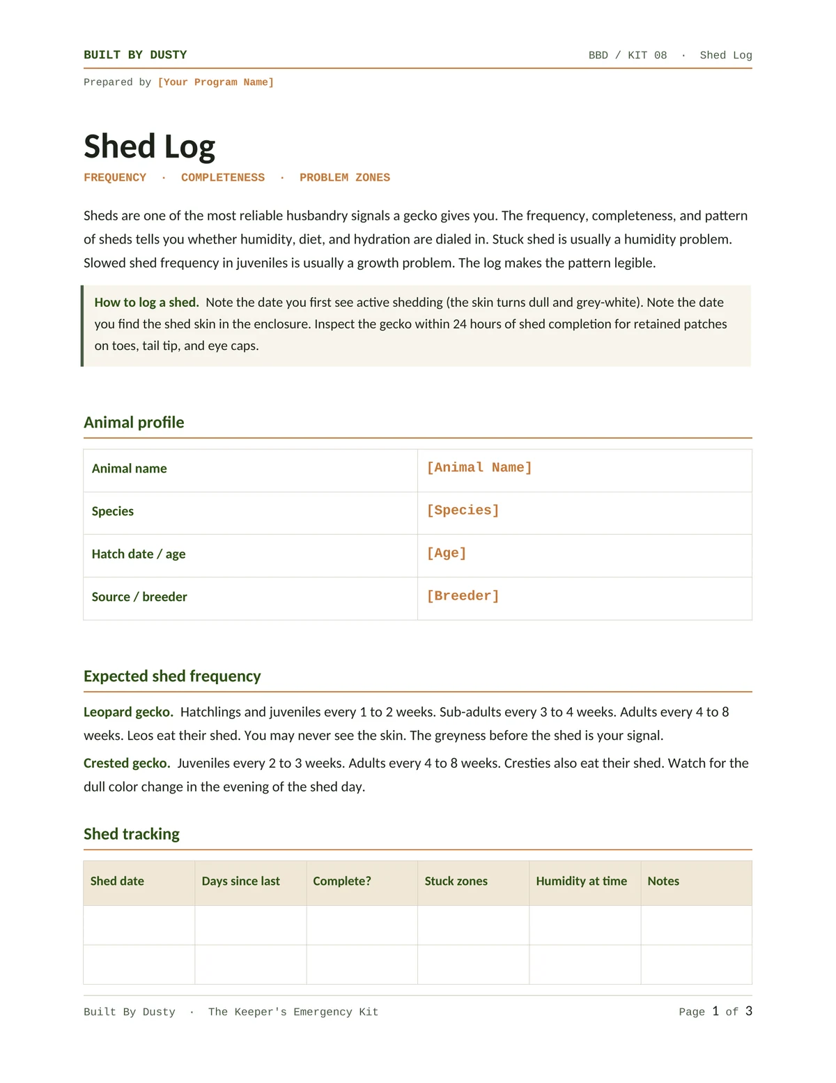 Sample page from Shed Log, a template by Built By Dusty.