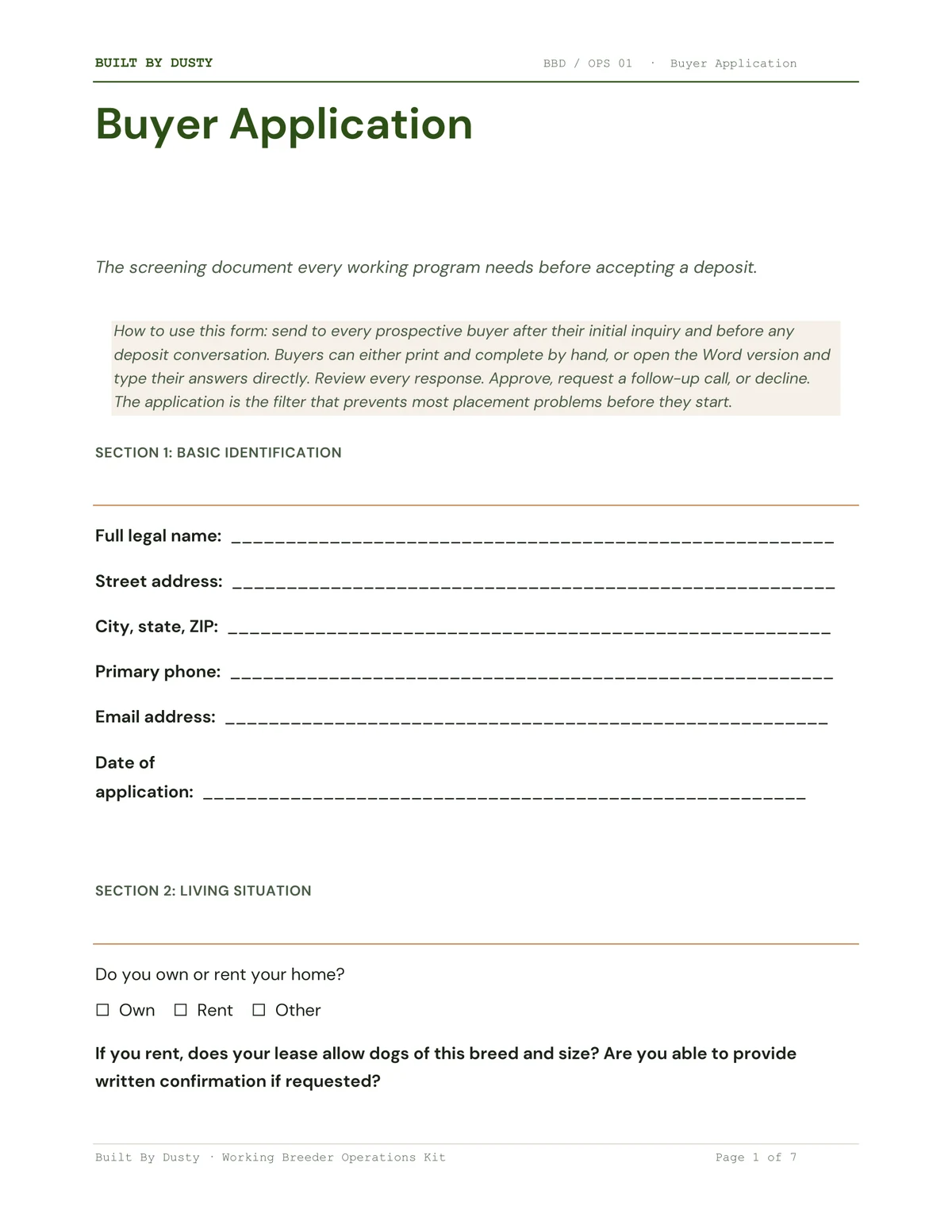 Sample page from Buyer Application, a template by Built By Dusty.