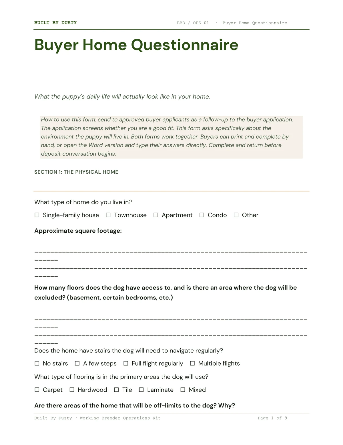 Sample page from Buyer Home Questionnaire, a template by Built By Dusty.