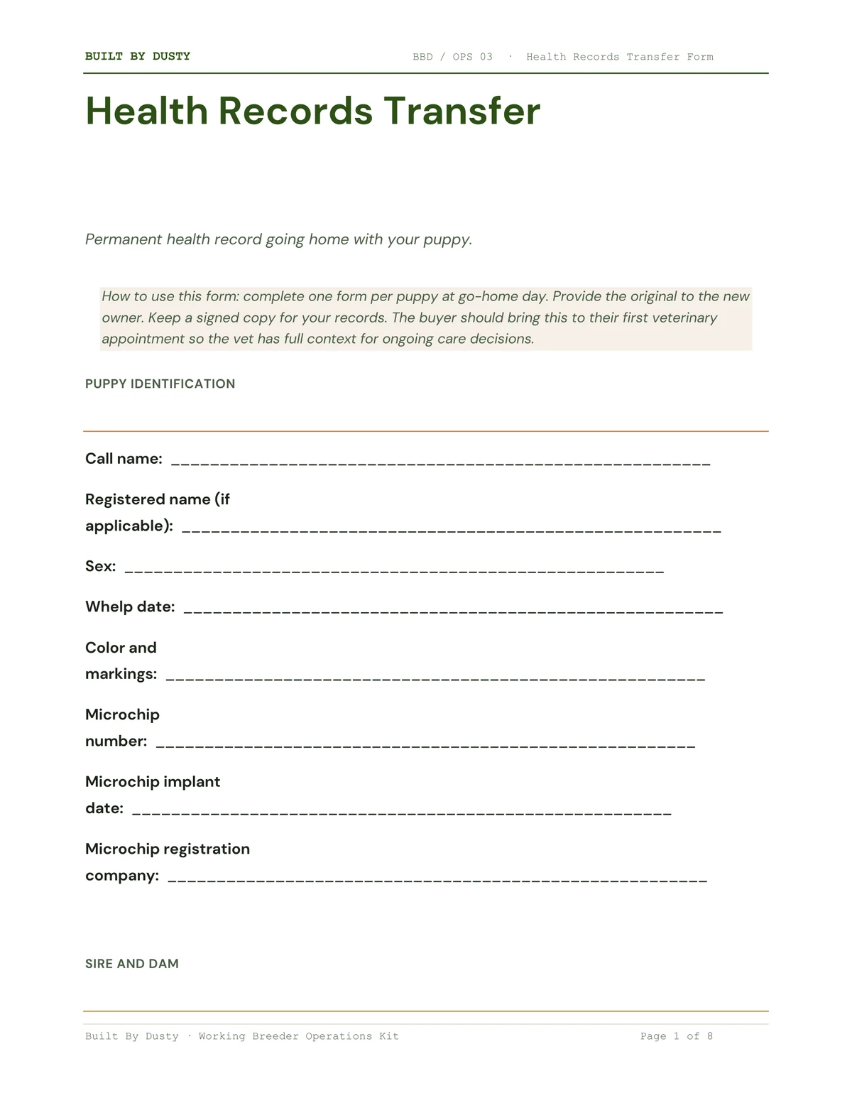 Sample page from Health Records Transfer Form, a template by Built By Dusty.