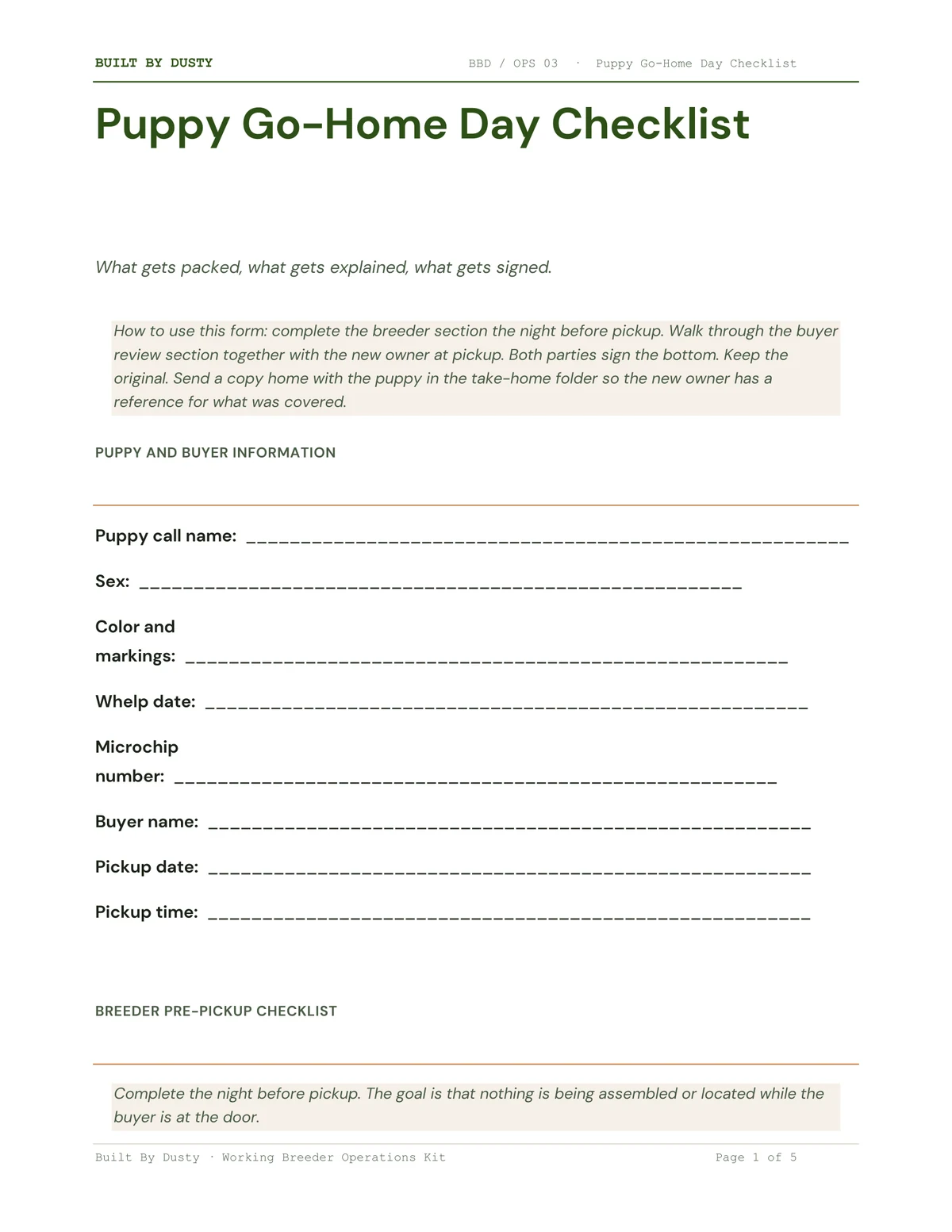Sample page from Puppy Go-Home Day Checklist, a template by Built By Dusty.