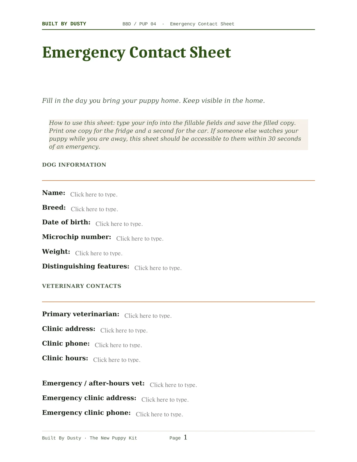 Sample page from Emergency Contact Sheet, a template by Built By Dusty.