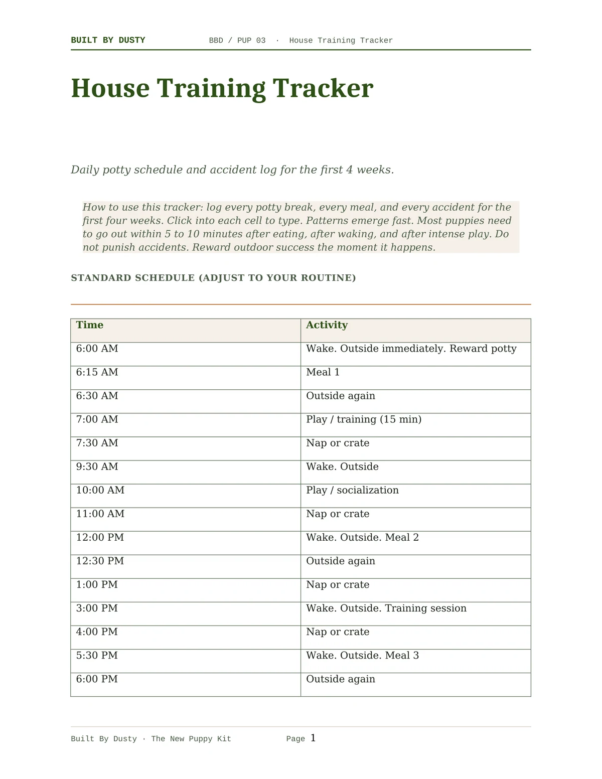 Sample page from House Training Tracker, a template by Built By Dusty.