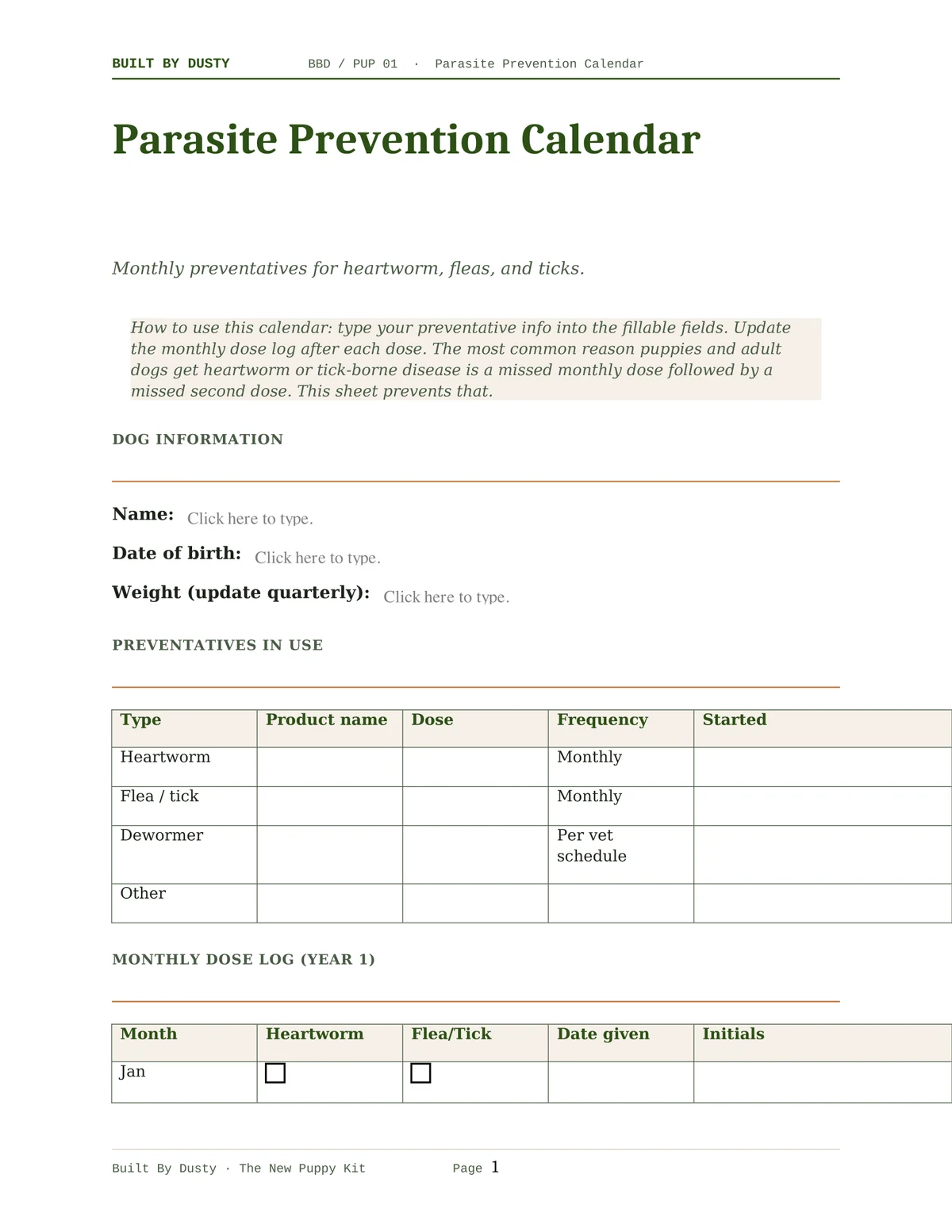 Sample page from Parasite Prevention Calendar, a template by Built By Dusty.