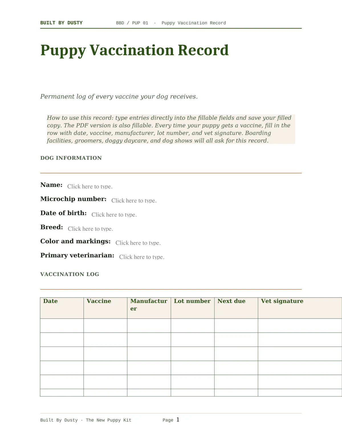 Sample page from Puppy Vaccination Record, a template by Built By Dusty.