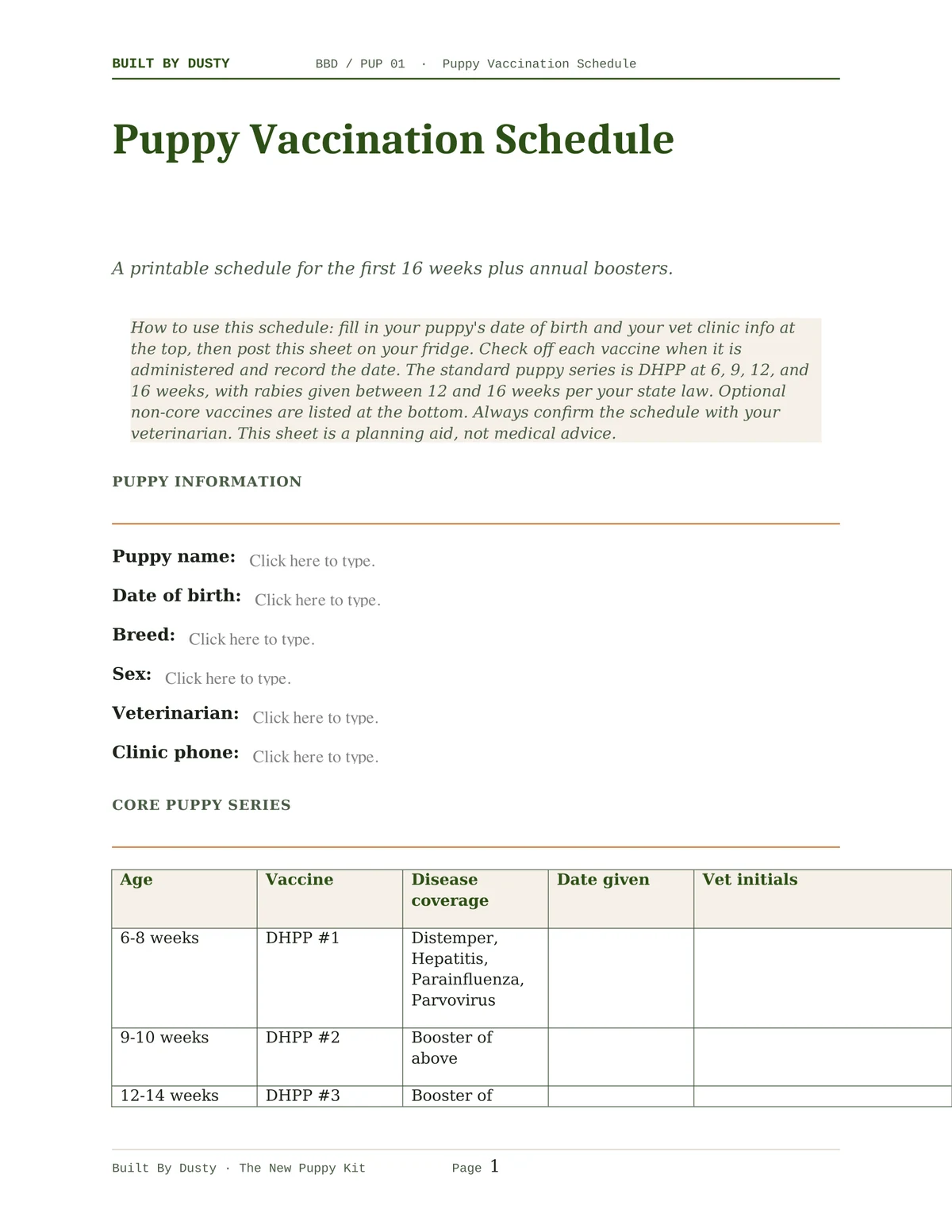 Sample page from Puppy Vaccination Schedule, a template by Built By Dusty.