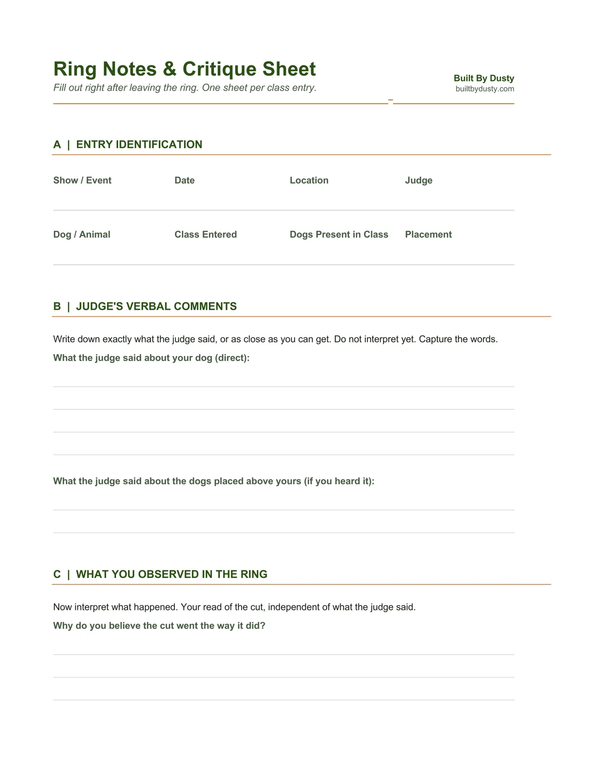 Sample page from Ring Notes and Critique Sheet, a template by Built By Dusty.