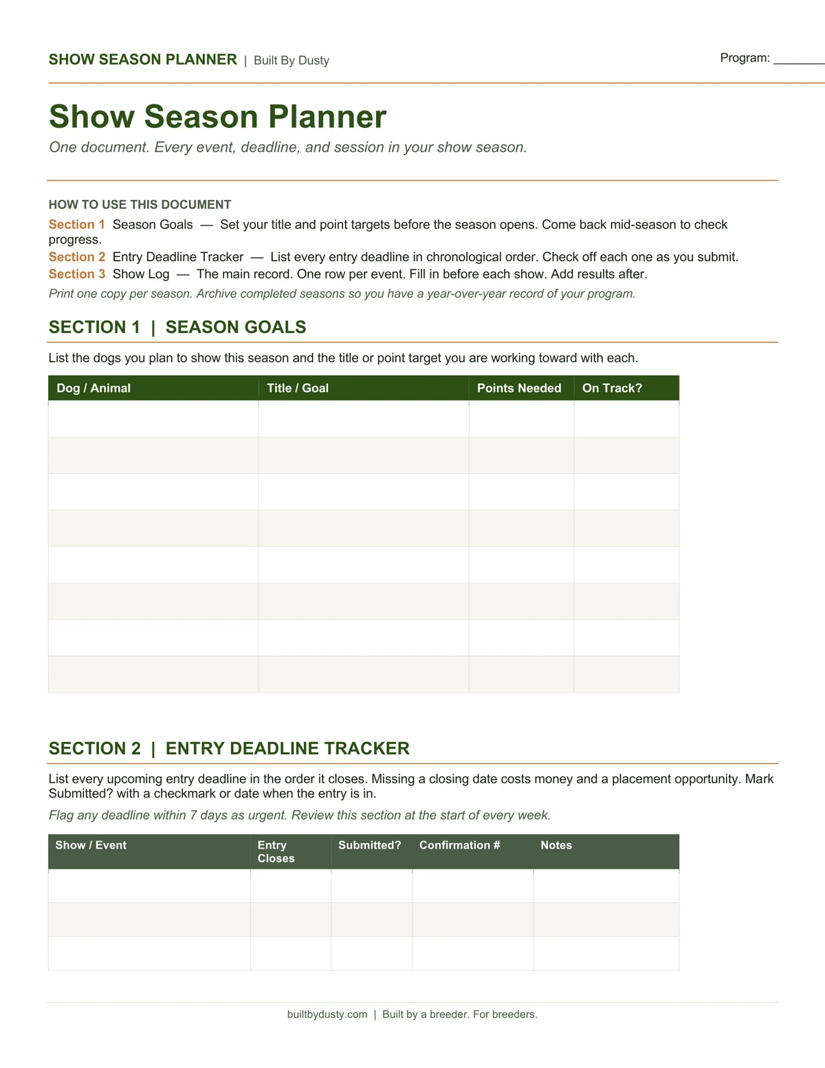 Sample page from Show Season Planner, a template by Built By Dusty.