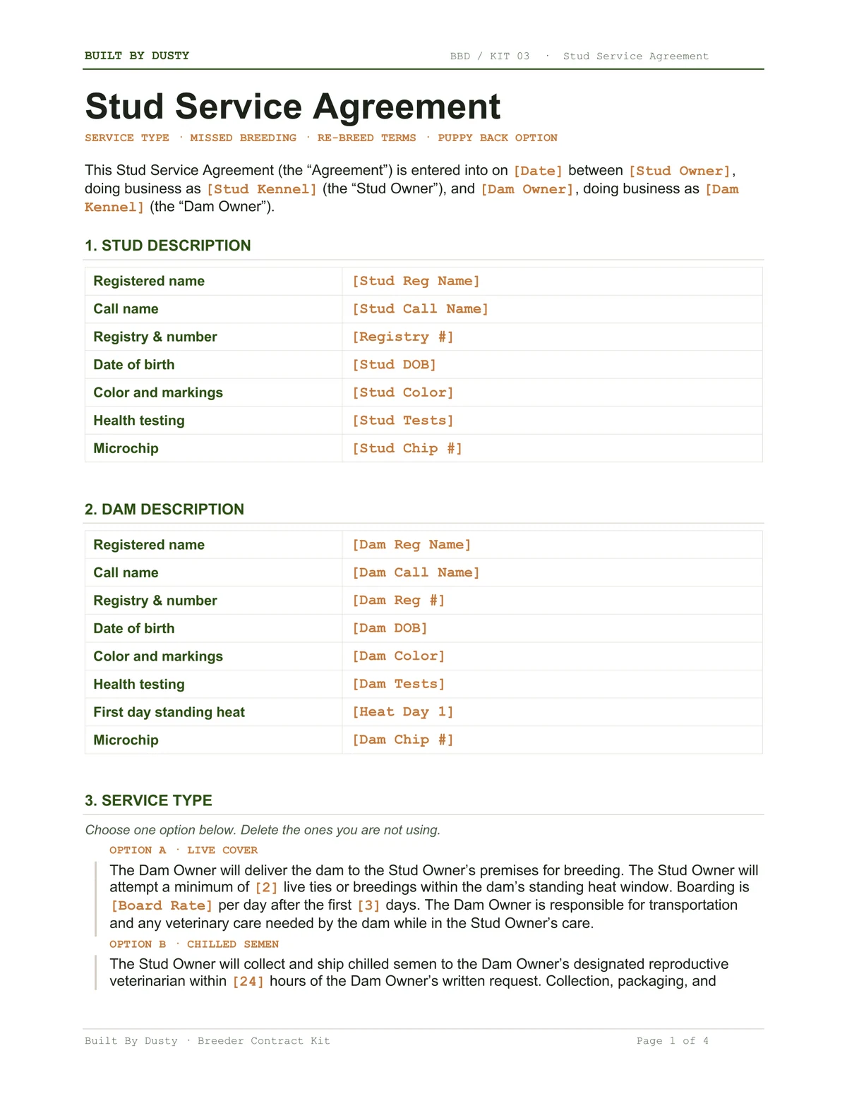 Sample page from the Stud Service Agreement, a template by Built By Dusty.